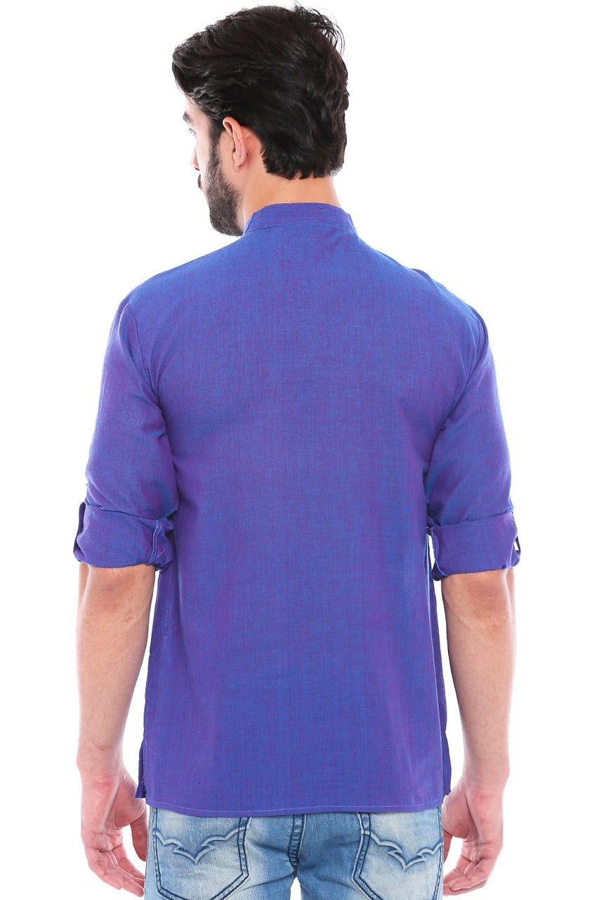 In-Sattva Men's Mandarin Collar Henley Style Short Fitted Kurta Tunic Blue