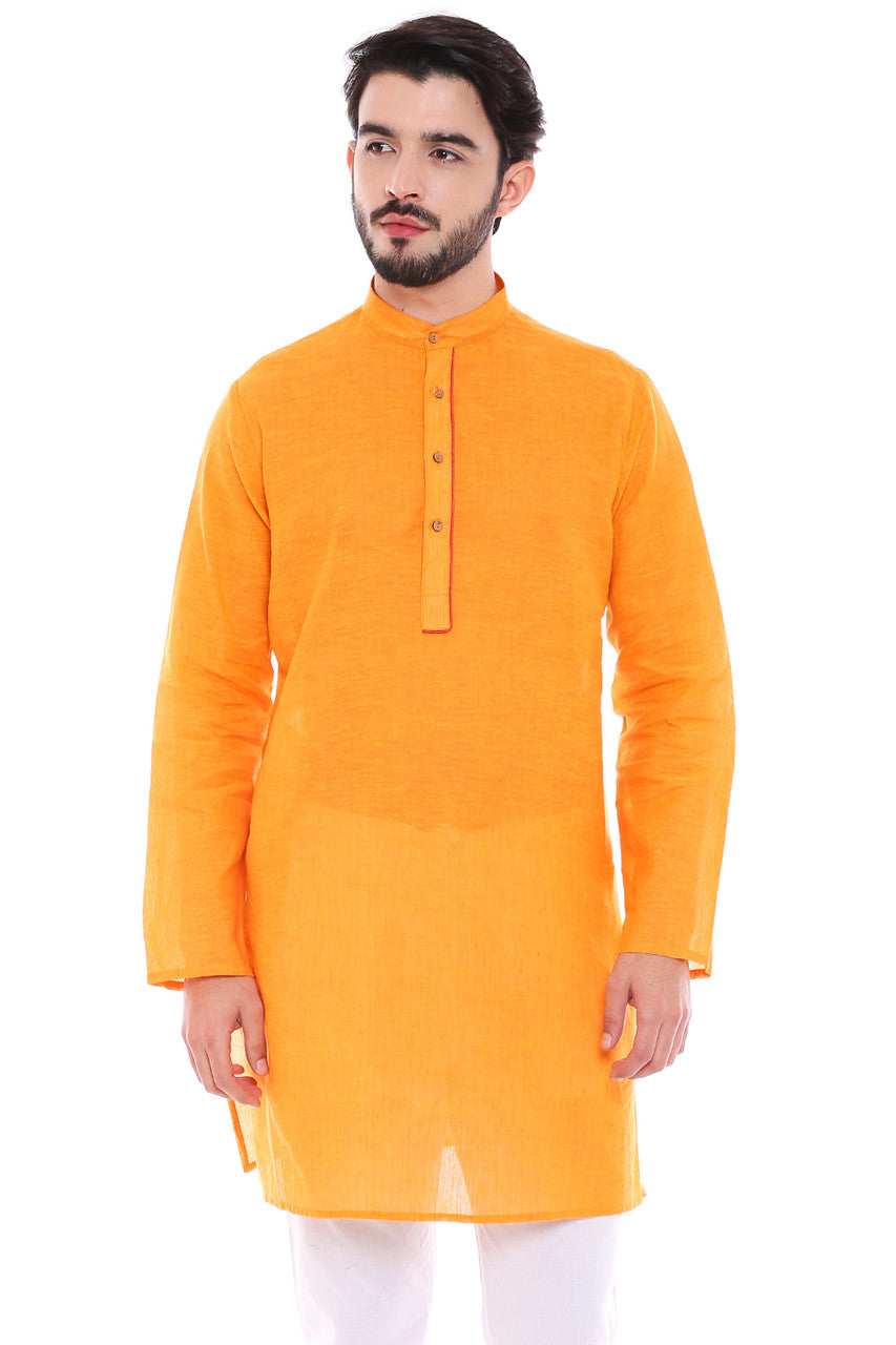 In-Sattva Men's Indian Classic Light Mustard Kurta Tunic with Banded Collar