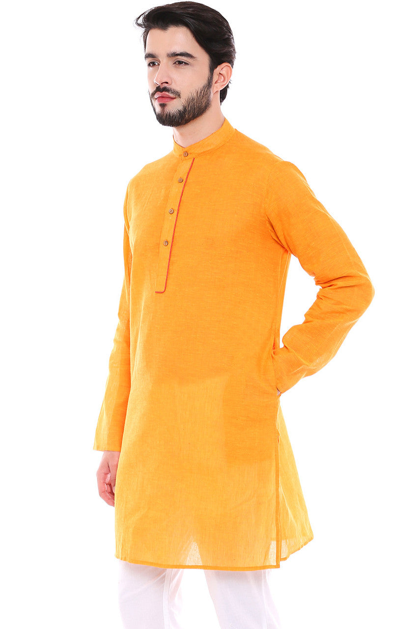 In-Sattva Men's Indian Classic Light Mustard Kurta Tunic with Banded Collar