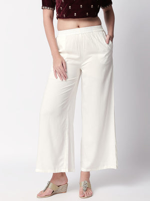 Ethnicity Handcrafted Off-White Palazzo Pants with Pockets