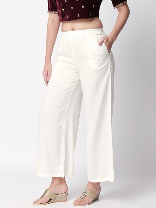 Ethnicity Handcrafted Off-White Palazzo Pants with Pockets