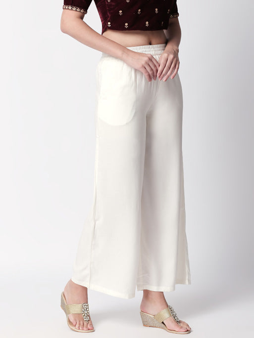 Ethnicity Handcrafted Off-White Palazzo Pants with Pockets