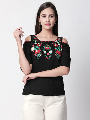 Ethnicity Handcrafted Cold Shoulder Black Top with Floral Embroidery