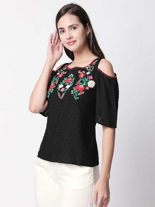 Ethnicity Handcrafted Cold Shoulder Black Top with Floral Embroidery