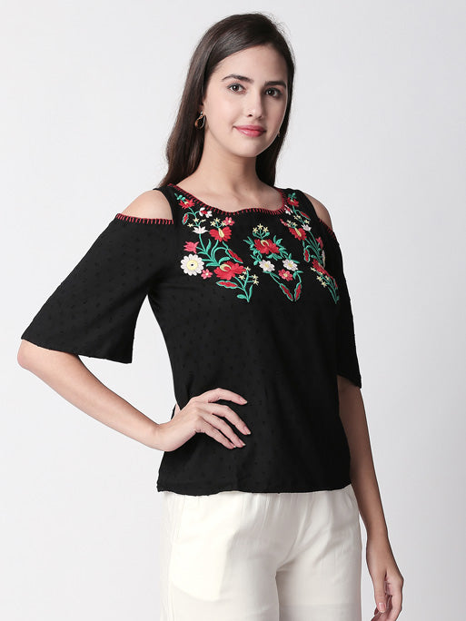 Ethnicity Handcrafted Cold Shoulder Black Top with Floral Embroidery