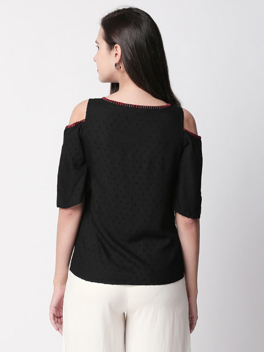 Ethnicity Handcrafted Cold Shoulder Black Top with Floral Embroidery