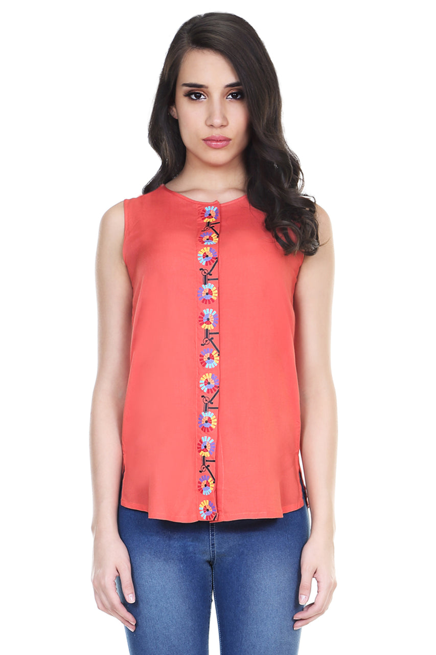 Global Desi Womens Boho Printed Placket Sleeveless Top - Front