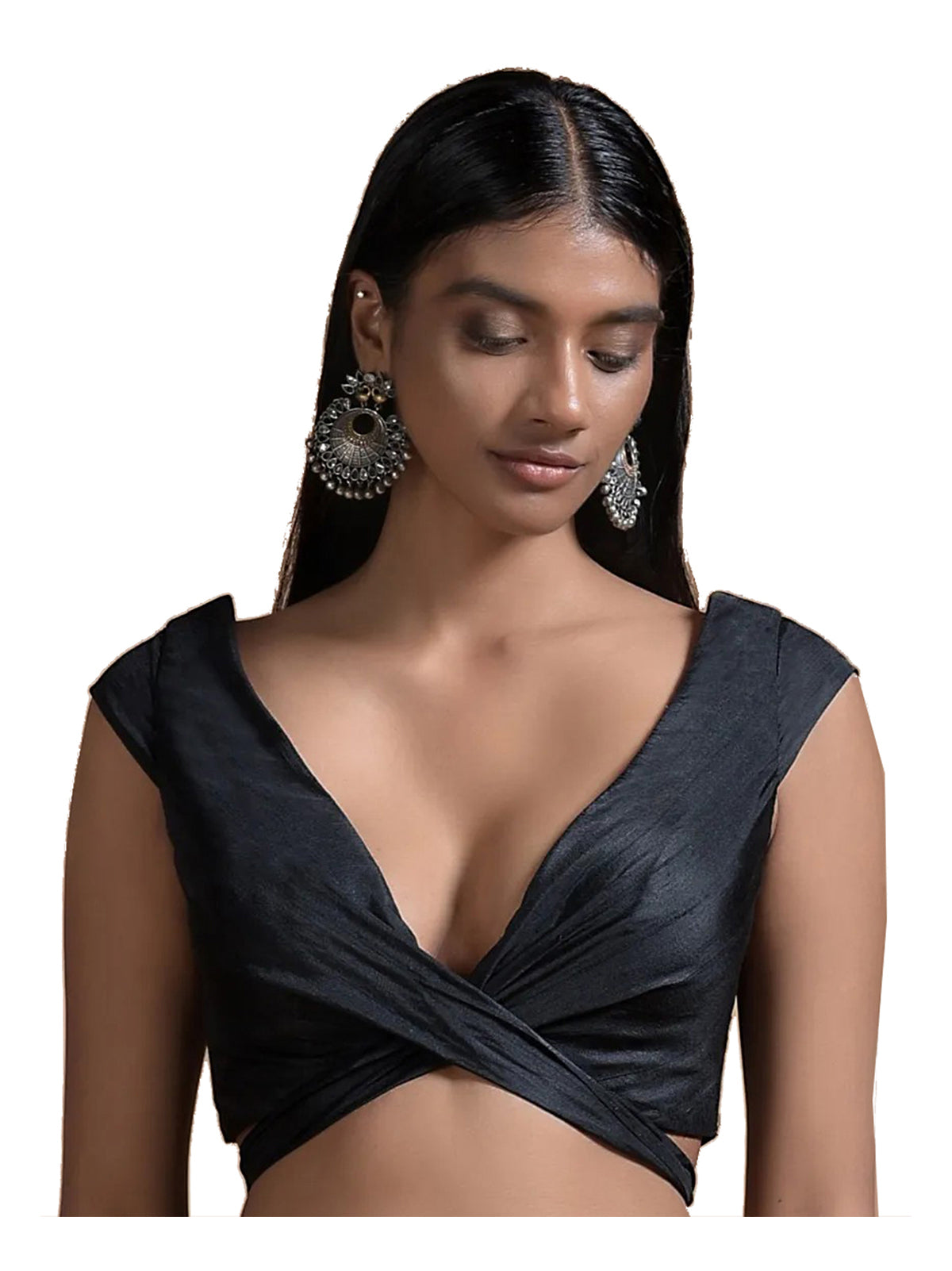In-Sattva Women's Silk Sweet Heart Neck Blouse; Matte Black