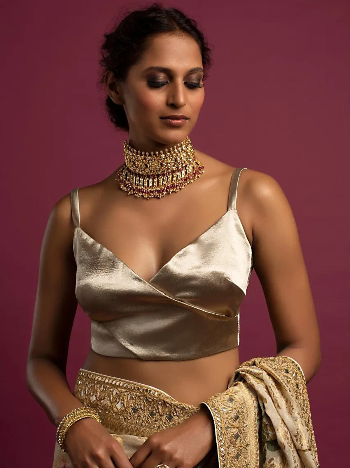 In-Sattva Women's Satin Strap V-Neck Blouse; Sand Gold