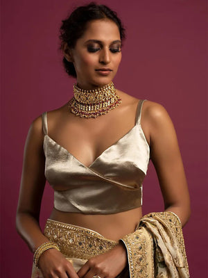 In-Sattva Women's Satin Strap V-Neck Blouse; Sand Gold