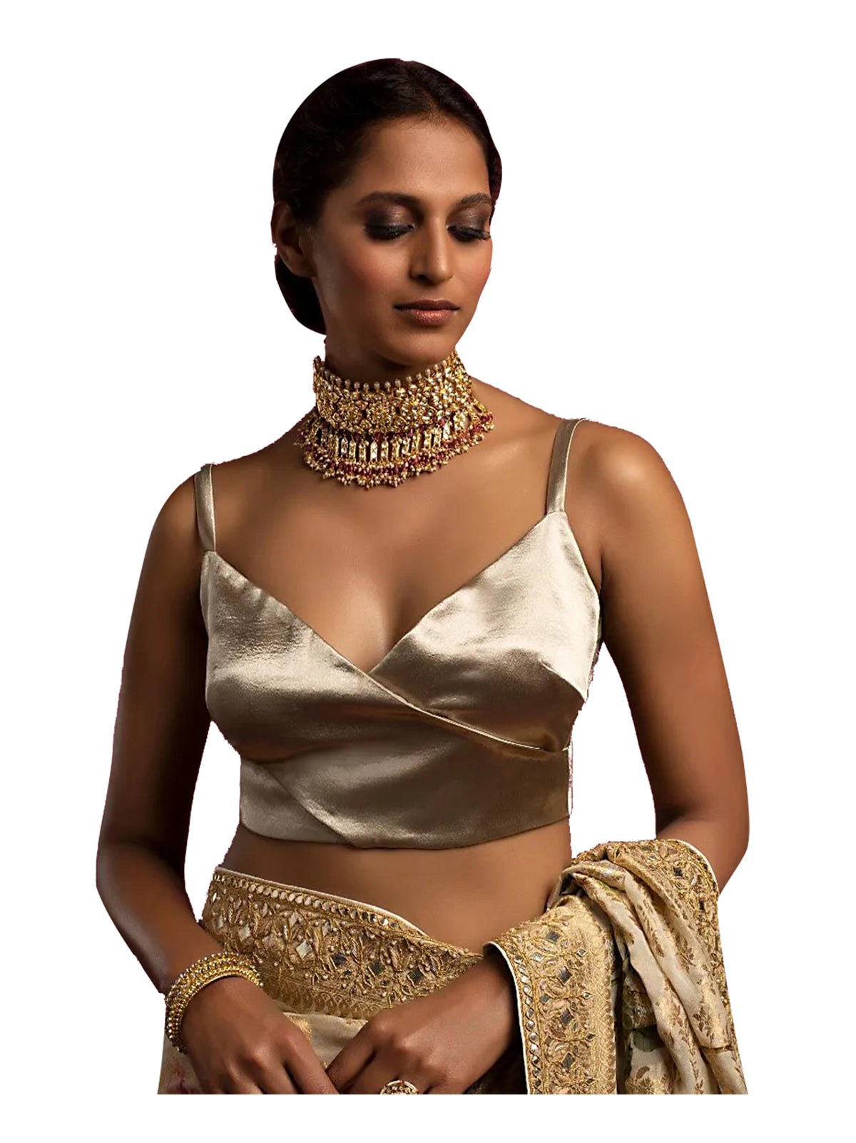 In-Sattva Women's Satin Strap V-Neck Blouse; Sand Gold