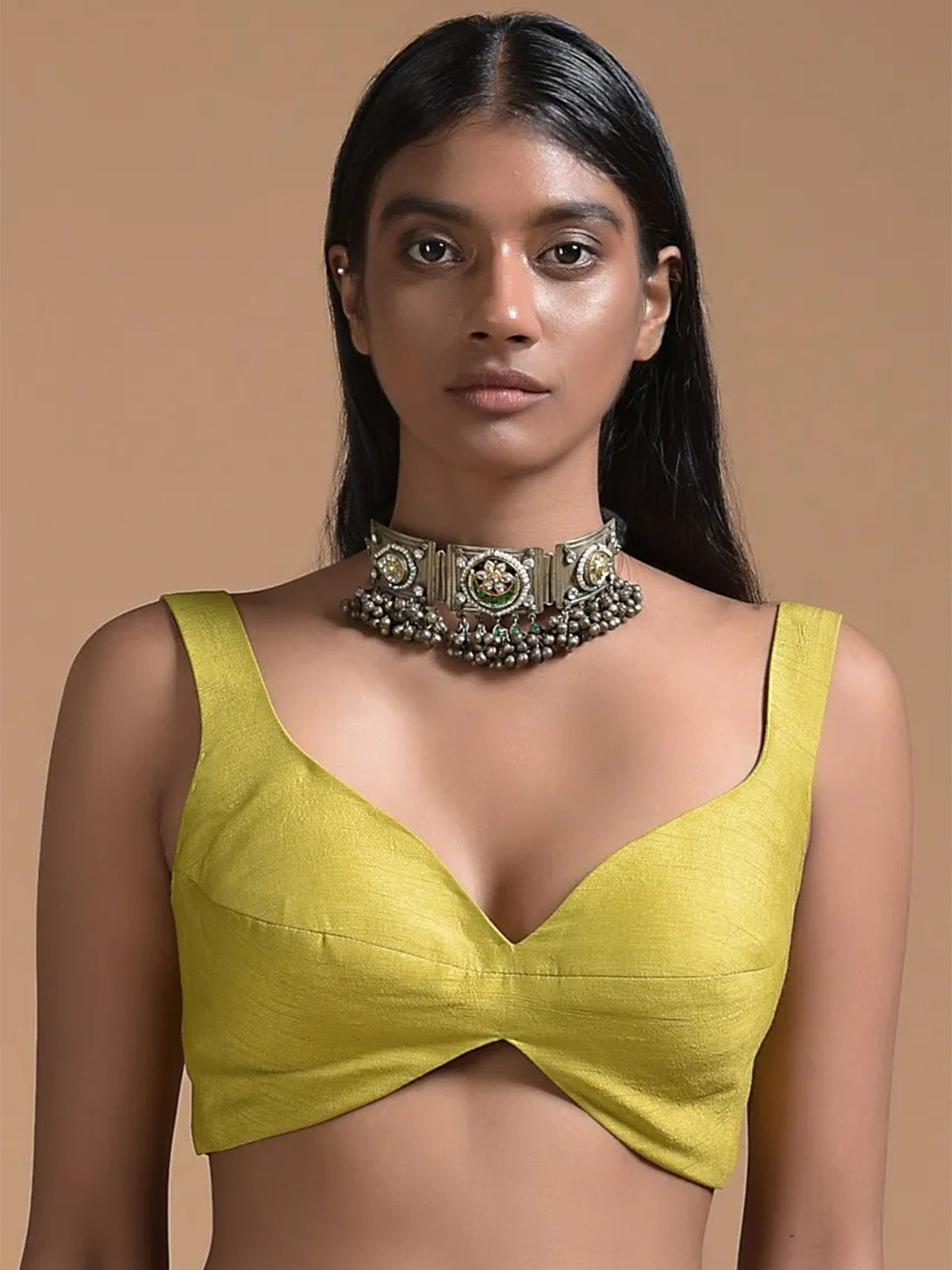 In-Sattva Women's Silk Strap V-Neck Blouse; Sunshine Gold