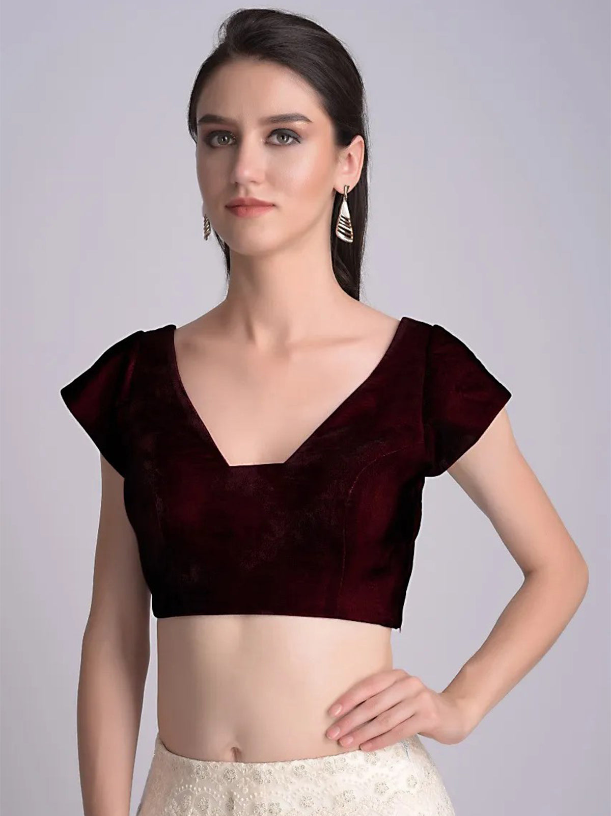 In-Sattva Women's Velvet Cap Sleeve Sweetheart Neck Blouse; Twilight Black