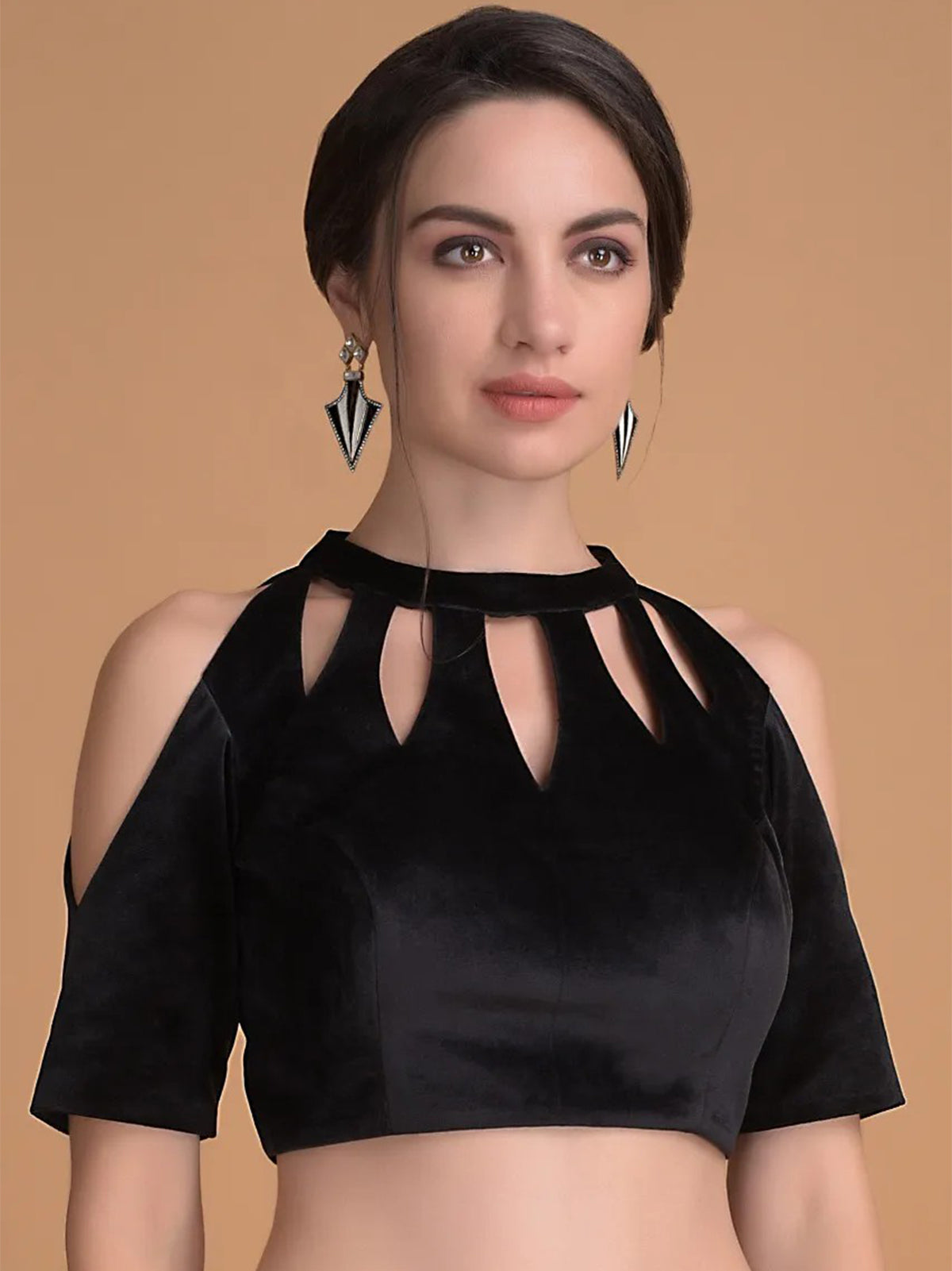 In-Sattva Women's Velvet Cold Shoulder Round Neck Blouse; Raven Black