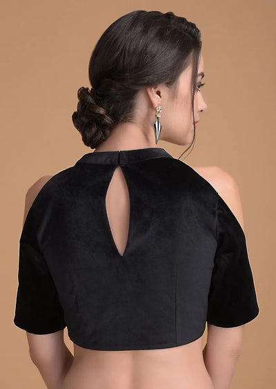 In-Sattva Women's Velvet Cold Shoulder Round Neck Blouse; Raven Black