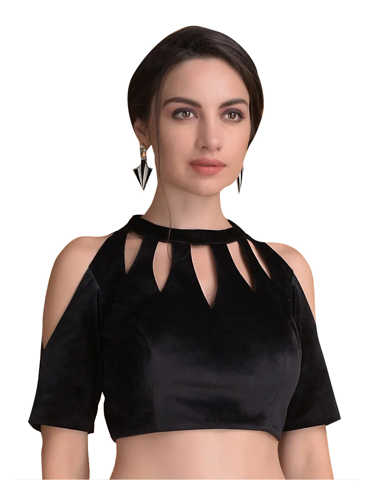 In-Sattva Women's Velvet Cold Shoulder Round Neck Blouse; Raven Black
