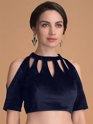 In-Sattva Women's Velvet Cold Shoulder Round Neck Blouse; Slate Blue