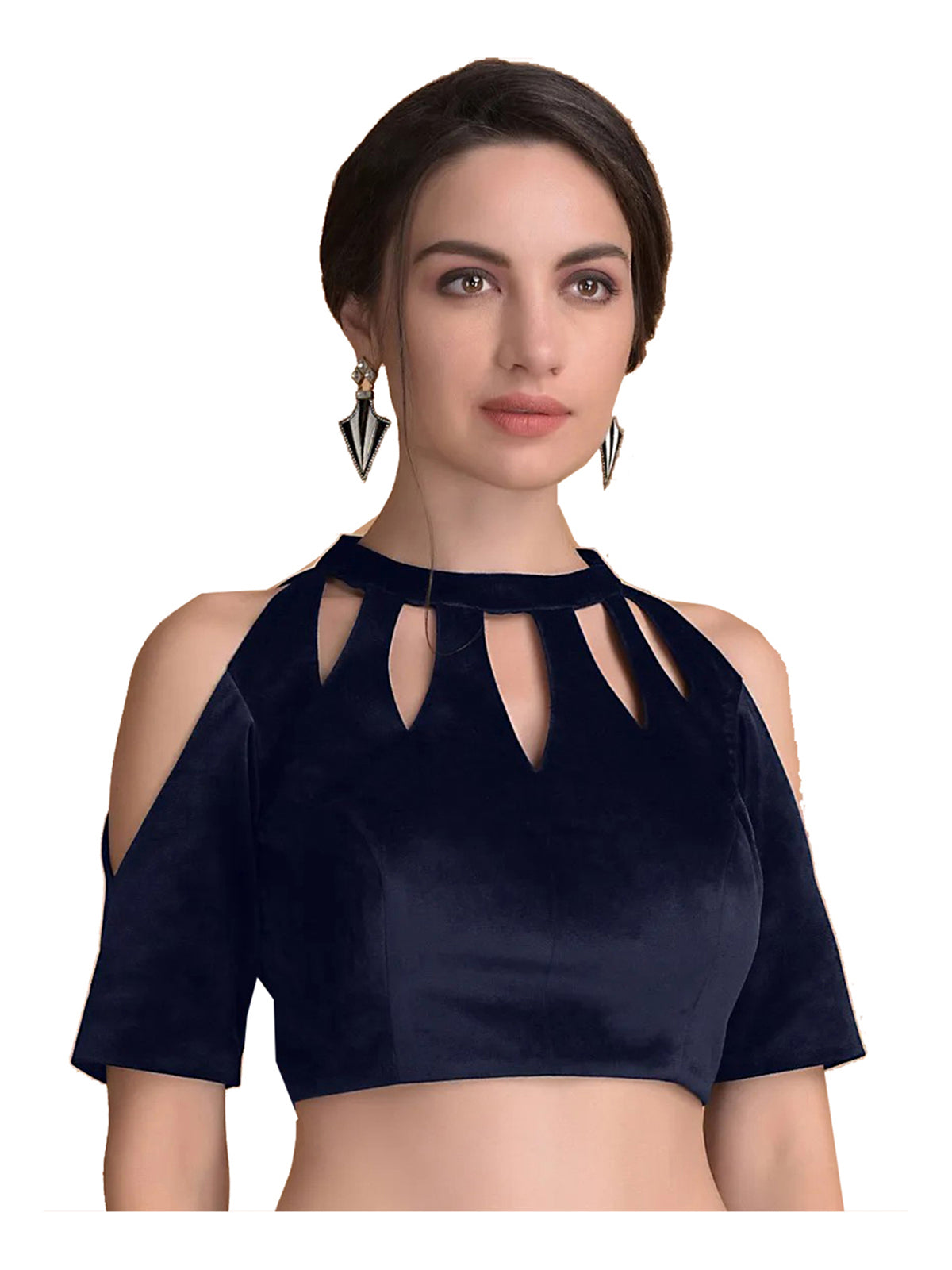 In-Sattva Women's Velvet Cold Shoulder Round Neck Blouse; Slate Blue