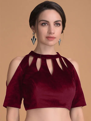 In-Sattva Women's Velvet Cold Should Round Neck Blouse; Blooming Red