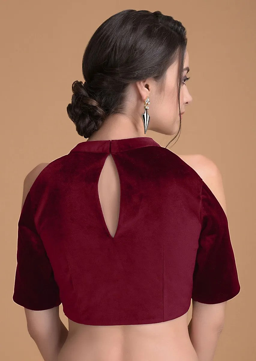 In-Sattva Women's Velvet Cold Should Round Neck Blouse; Blooming Red