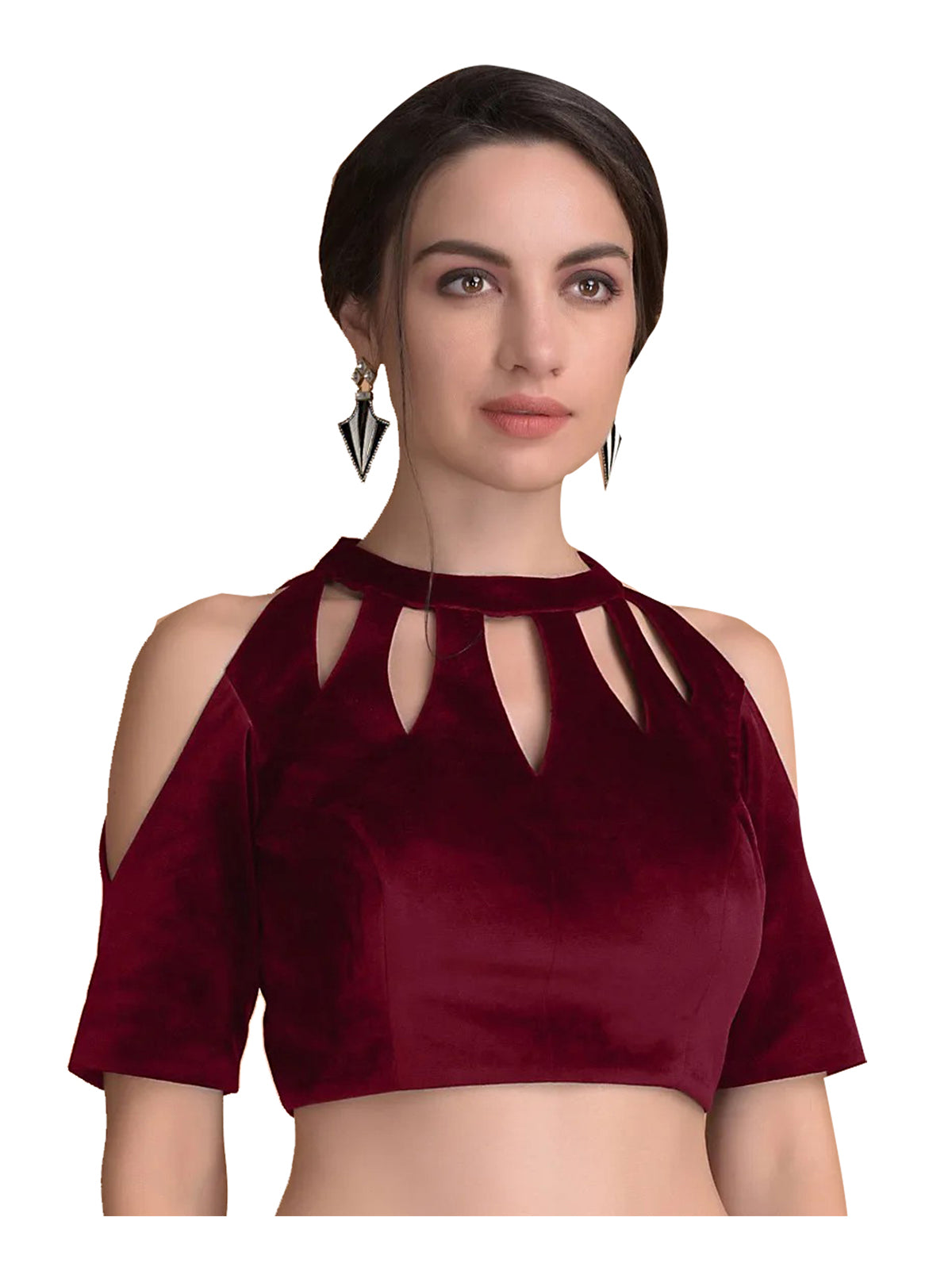 In-Sattva Women's Velvet Cold Should Round Neck Blouse; Blooming Red