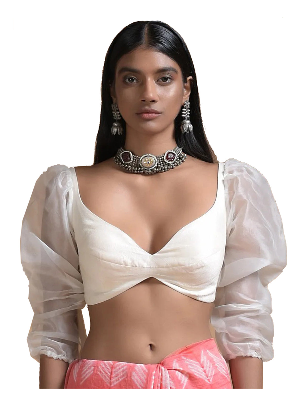 In-Sattva Women's Silk Balloon Sleeve Sweetheart Neck Blouse; Pearl White