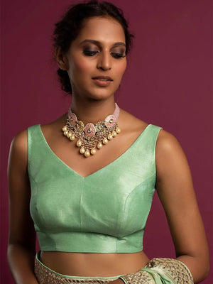 In-Sattva Women's Silk Strap V-Neck Blouse; Chamomile Green