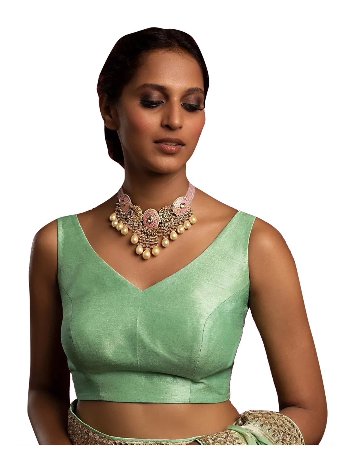In-Sattva Women's Silk Strap V-Neck Blouse; Chamomile Green
