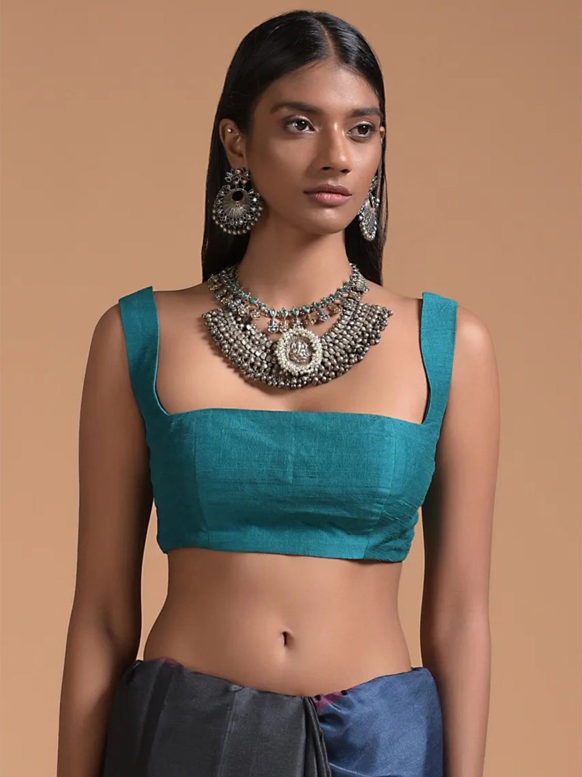 In-Sattva Women's Silk Strap Sweetheart Neck Line Blouse; Teal Green