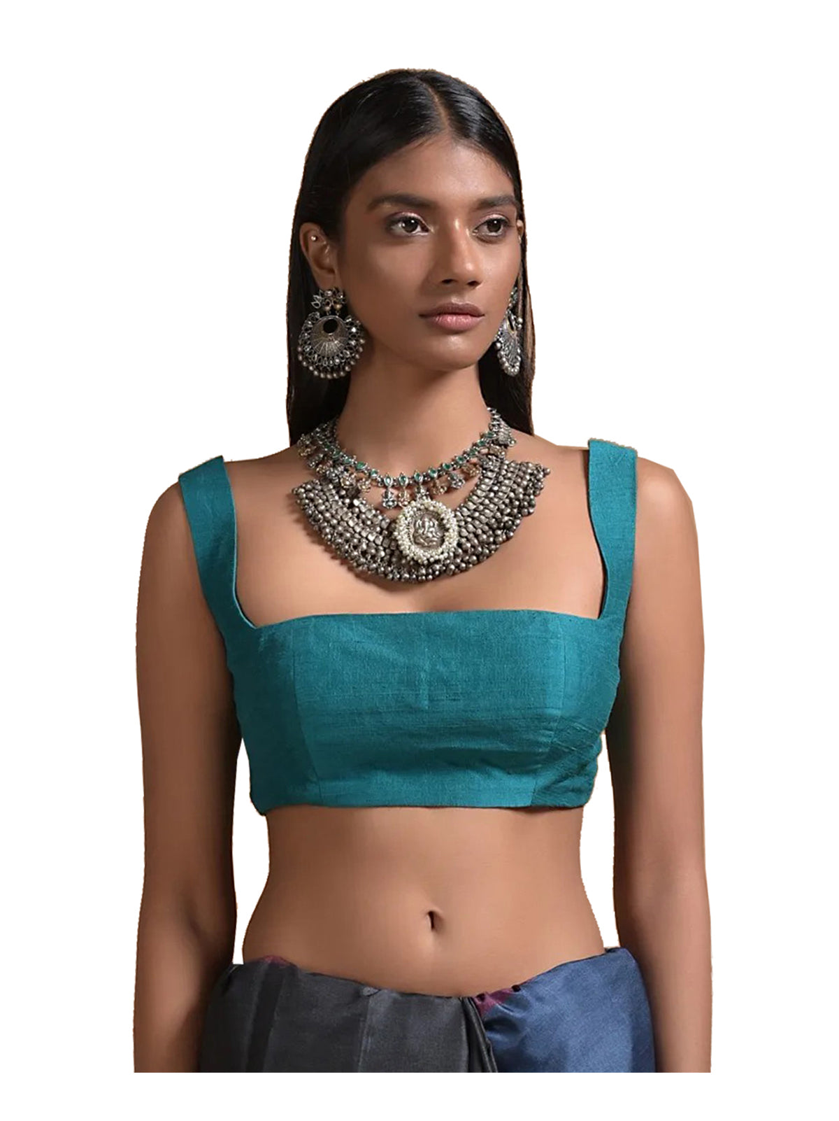 In-Sattva Women's Silk Strap Sweetheart Neck Line Blouse; Teal Green