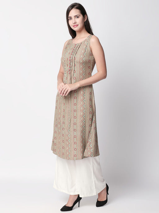 Ethnicity Artisan Sleeveless Beige Long Kurta Tunic with Patterned Lines