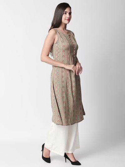 Ethnicity Artisan Sleeveless Beige Long Kurta Tunic with Patterned Lines