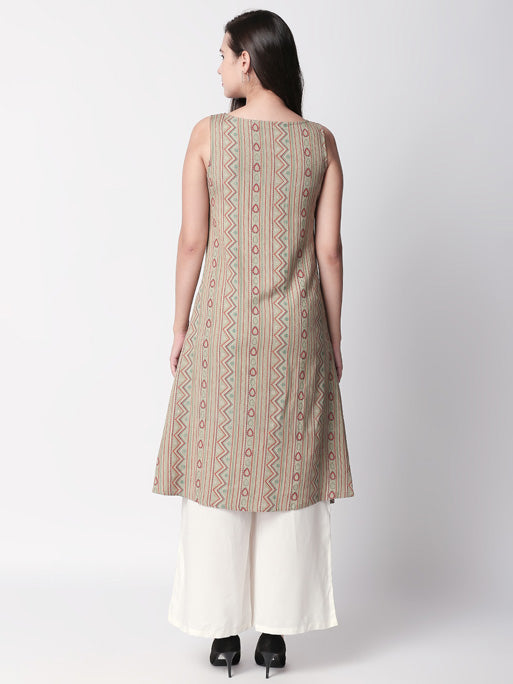 Ethnicity Artisan Sleeveless Beige Long Kurta Tunic with Patterned Lines