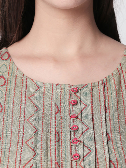 Ethnicity Artisan Sleeveless Beige Long Kurta Tunic with Patterned Lines