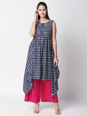 Ethnicity Boho Printed Blue Handkerchief Hem Sleeveless Dress
