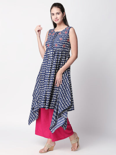Ethnicity Boho Printed Blue Handkerchief Hem Sleeveless Dress