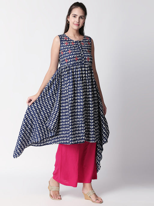 Ethnicity Boho Printed Blue Handkerchief Hem Sleeveless Dress