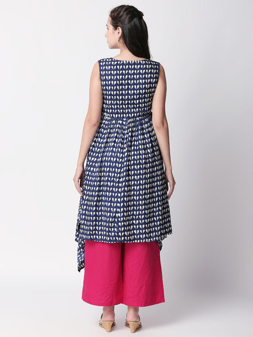 Ethnicity Boho Printed Blue Handkerchief Hem Sleeveless Dress