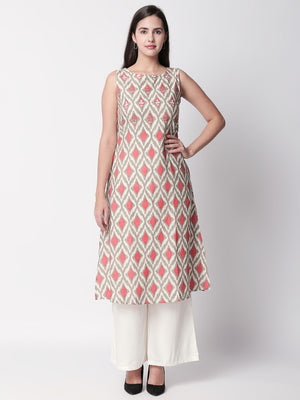 Ethnicity Artisan Printed Coral Sleeveless Long Kurta Tunic with Pockets