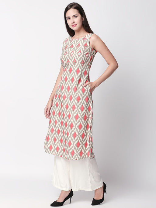 Ethnicity Artisan Printed Coral Sleeveless Long Kurta Tunic with Pockets