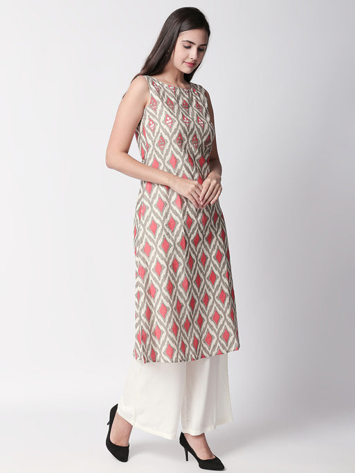Ethnicity Artisan Printed Coral Sleeveless Long Kurta Tunic with Pockets