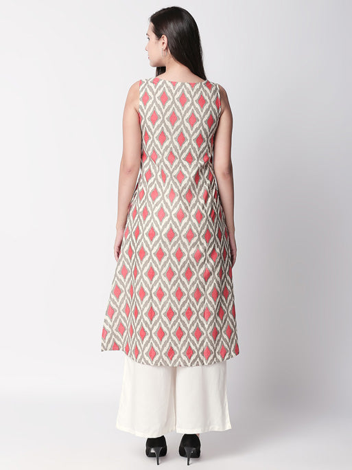 Ethnicity Artisan Printed Coral Sleeveless Long Kurta Tunic with Pockets