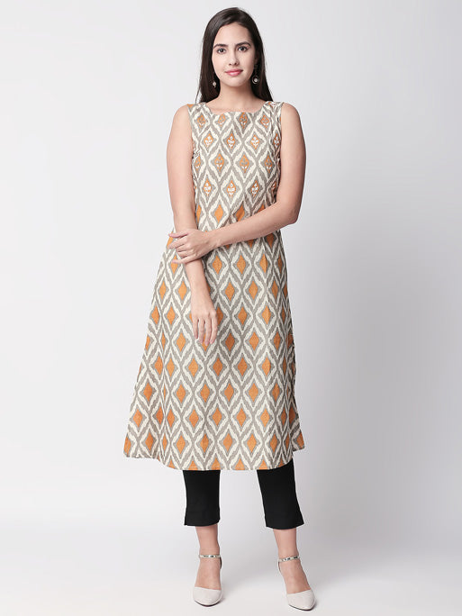 Ethnicity Artisan Printed Mustard Sleeveless Long Kurta Tunic with Pockets