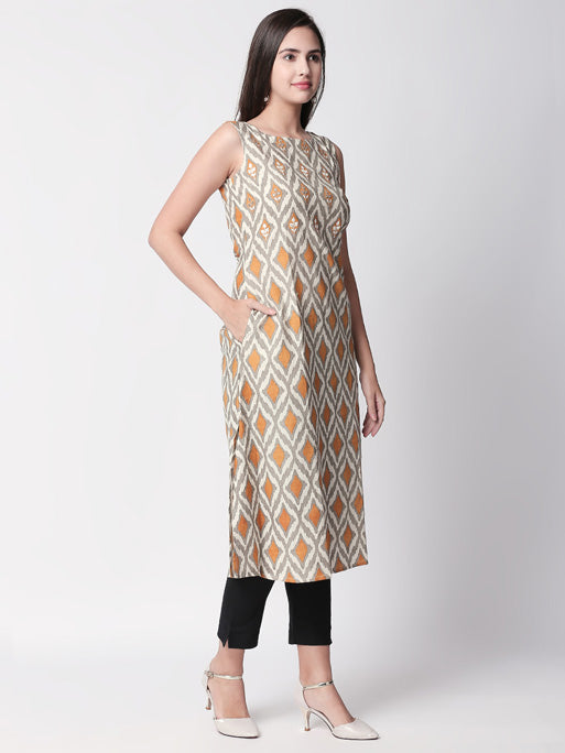 Ethnicity Artisan Printed Mustard Sleeveless Long Kurta Tunic with Pockets