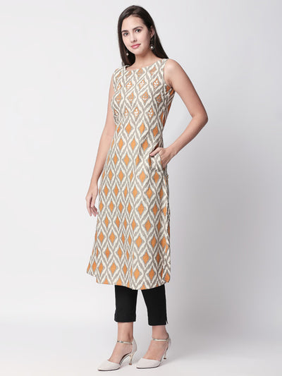 Ethnicity Artisan Printed Mustard Sleeveless Long Kurta Tunic with Pockets