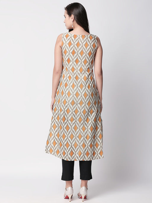 Ethnicity Artisan Printed Mustard Sleeveless Long Kurta Tunic with Pockets