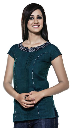 Akkriti Women's Powerloom Printed Neck Band Kurti ÌÎÌ_Ì´åÇÌÎÌ__ÌÎÌ_ÌÎ_ÌÎÌ_Ì´åÌÎÌ_ÌÎ_ÌÎÌ_Ì´å« Teal Blue Front