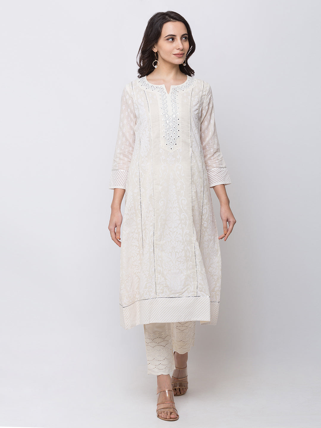 Ethnicity Long White Embroidered Kurta Tunic Dress