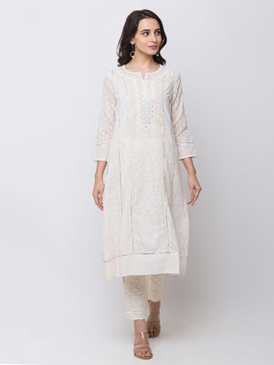 Ethnicity Long White Embroidered Kurta Tunic Dress
