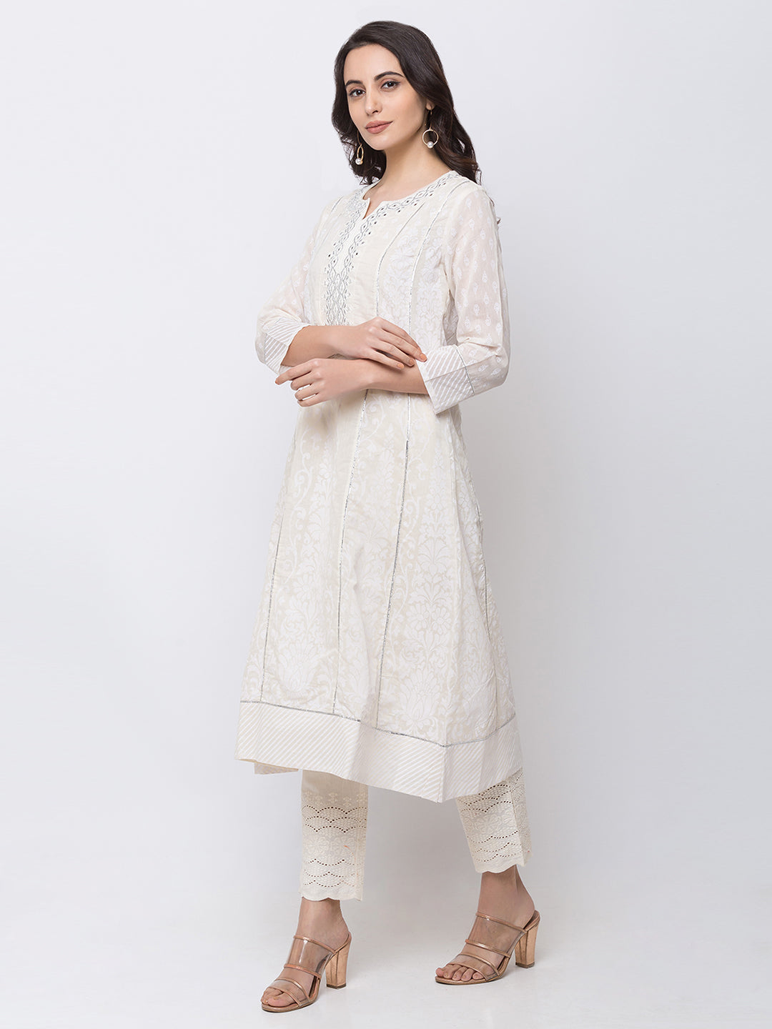 Ethnicity Long White Embroidered Kurta Tunic Dress